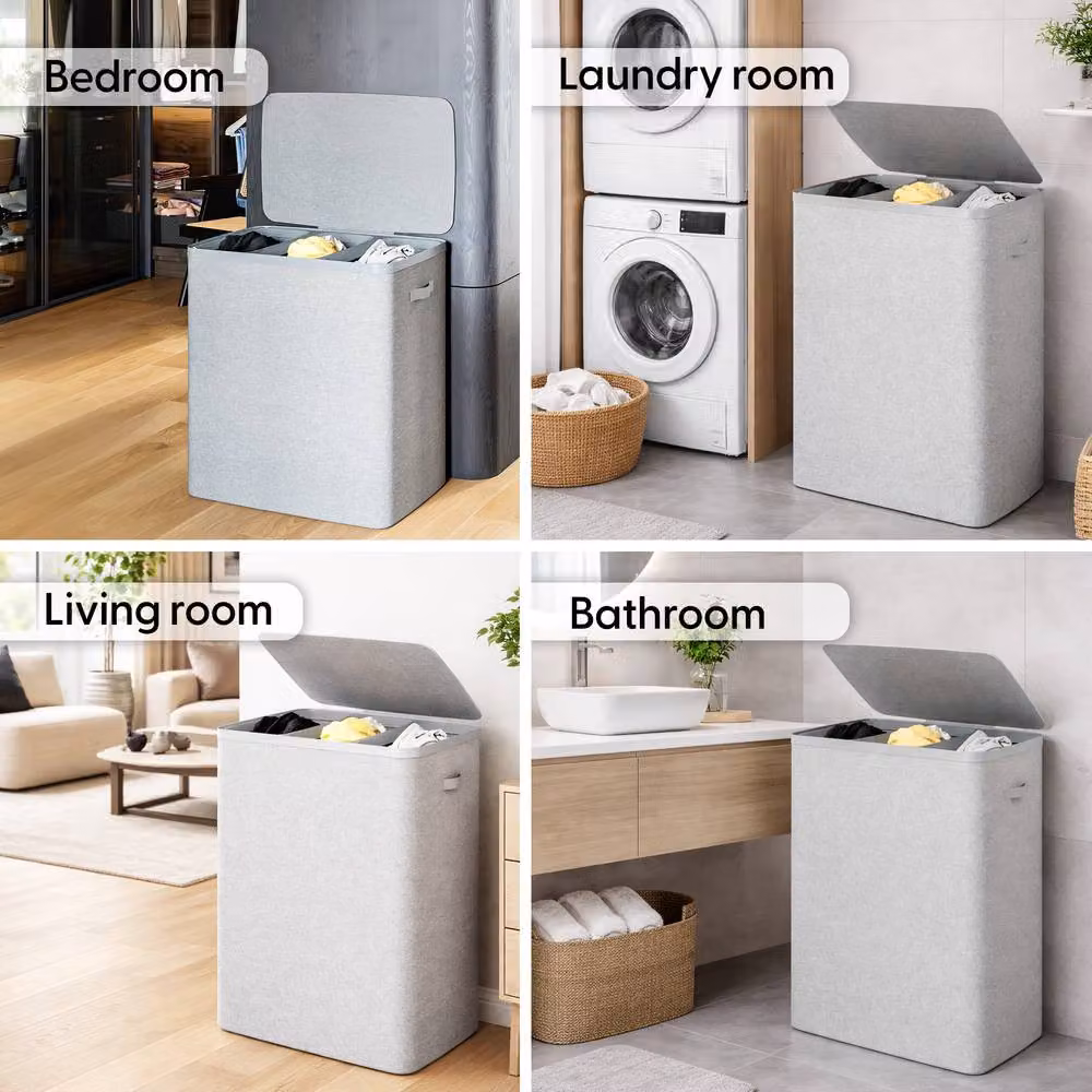 Keplin Collapsible Triple Laundry Basket with Lid and Removable Liner, 170L, Grey – 2