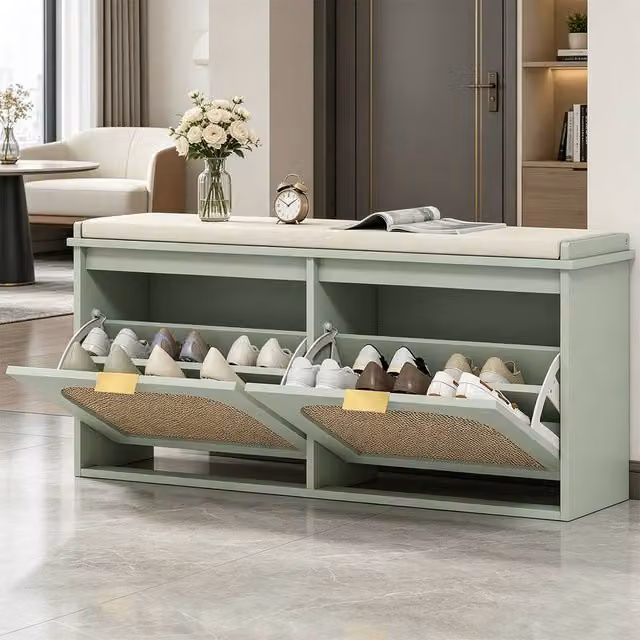 ERGOVEXA Boho Shoe Bench with Padded Fabric Seat and 2 Flip Drawers in Light Green