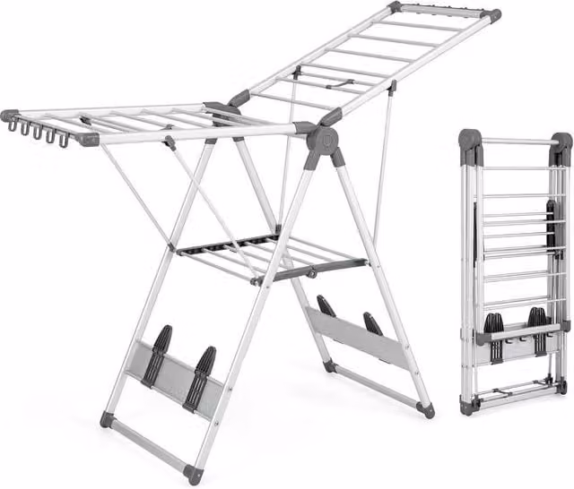Kelvenix Foldable Metal Clothes Drying Rack with Adjustable Wing Arms in Silver