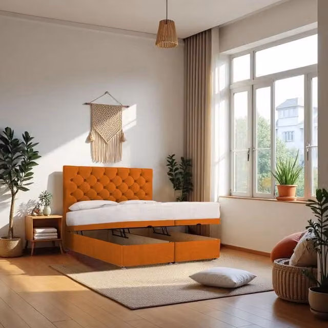 Knight Sleep Athens Super King Ottoman Bed with Hybrid Mattress and 24 inch Headboard in Mustard Yellow