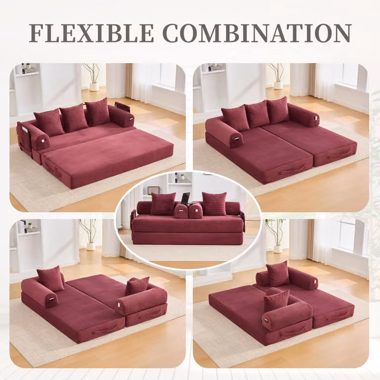 Aosom Wine Red Compressible Folding Sofa with Detachable Metal Frame, W: 110 cm, D: 33 cm, H: 33 cm