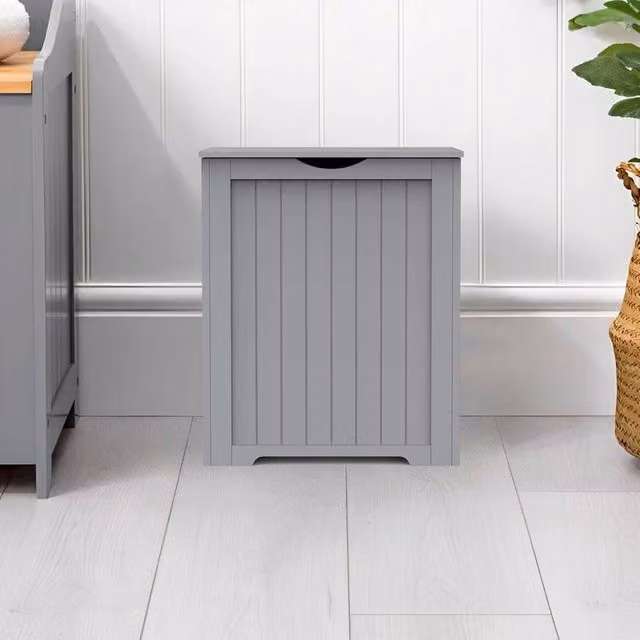 PAWNORA Grey Wooden Laundry Cabinet with Hinged Doors for Bathroom Storage