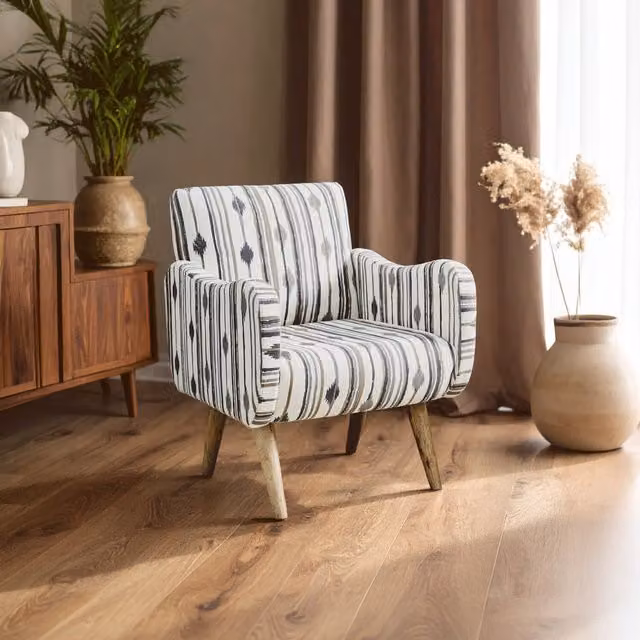 Cefena Mid-Century Striped Fabric Chair with Straight Arms and Mango Wood Frame in Black and White