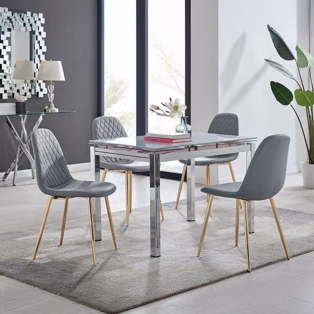 Furniturebox Enna White Glossy Glass Extending Dining Table and 4 Corona Gold Leg Chairs in Grey