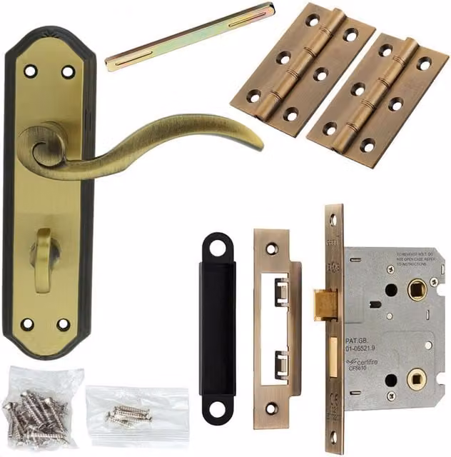 Loops Bronze Spiral Lever Door Handle and Bathroom Lock Pack with Thumb Turn and Backplate