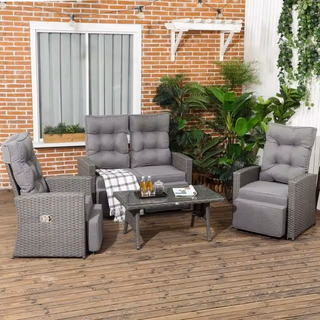 Outsunny 4-Piece Modern Grey Wicker Rattan Garden Furniture Set with Sofa and Table