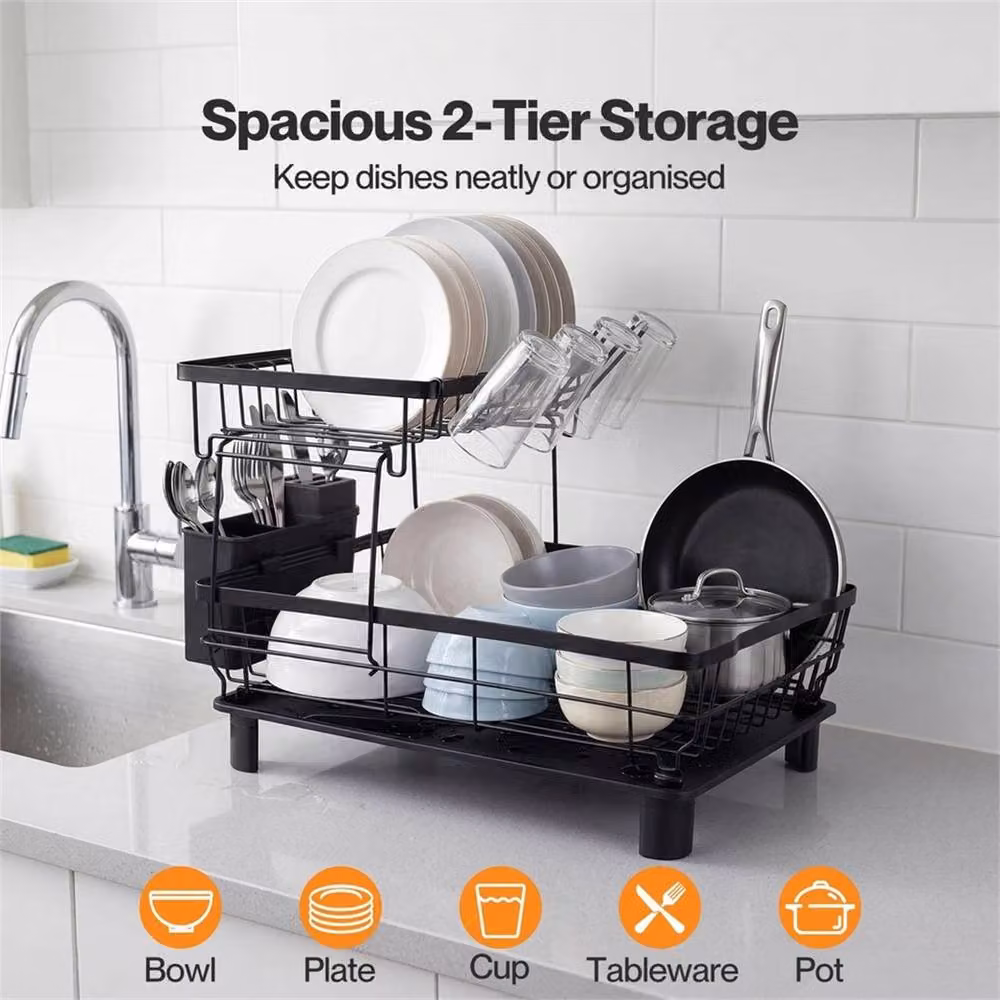 EONLION 2 Tier Dish Drainer Rack with Drip Tray and Cutlery Holder, Black – 3