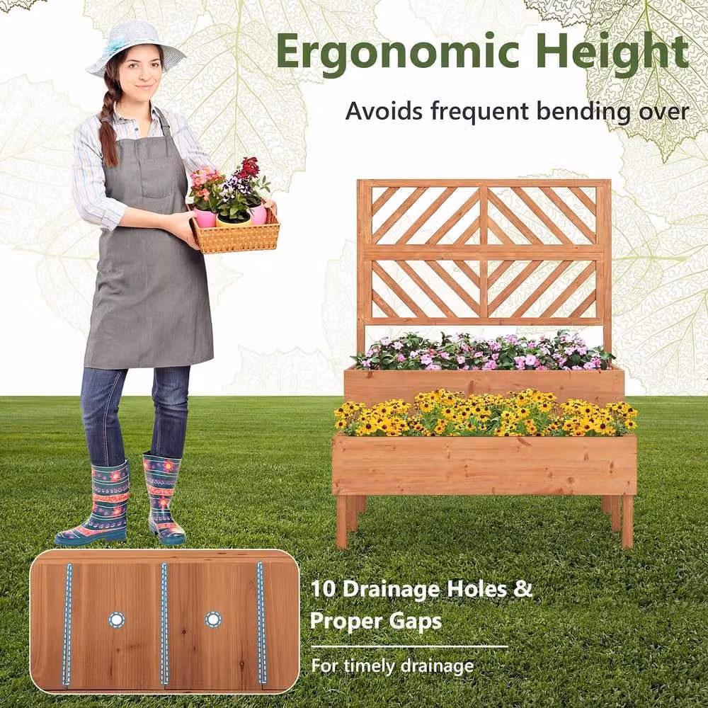 Costway 2-Tier Wooden Raised Garden Bed with Trellis in Orange – 4