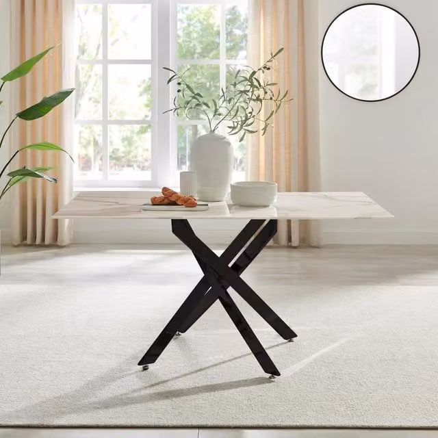 FurnitureboxUK Leonardo 6-Seater Rectangular Dining Table with White Marble Effect Glass Top and Black Metal X-Frame Legs