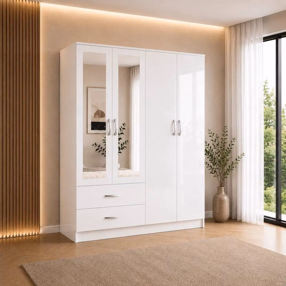 FORGEVIO White Glossy Mirrored Wardrobe with 2 Drawers, Hanging Rail and Internal Shelves – 2