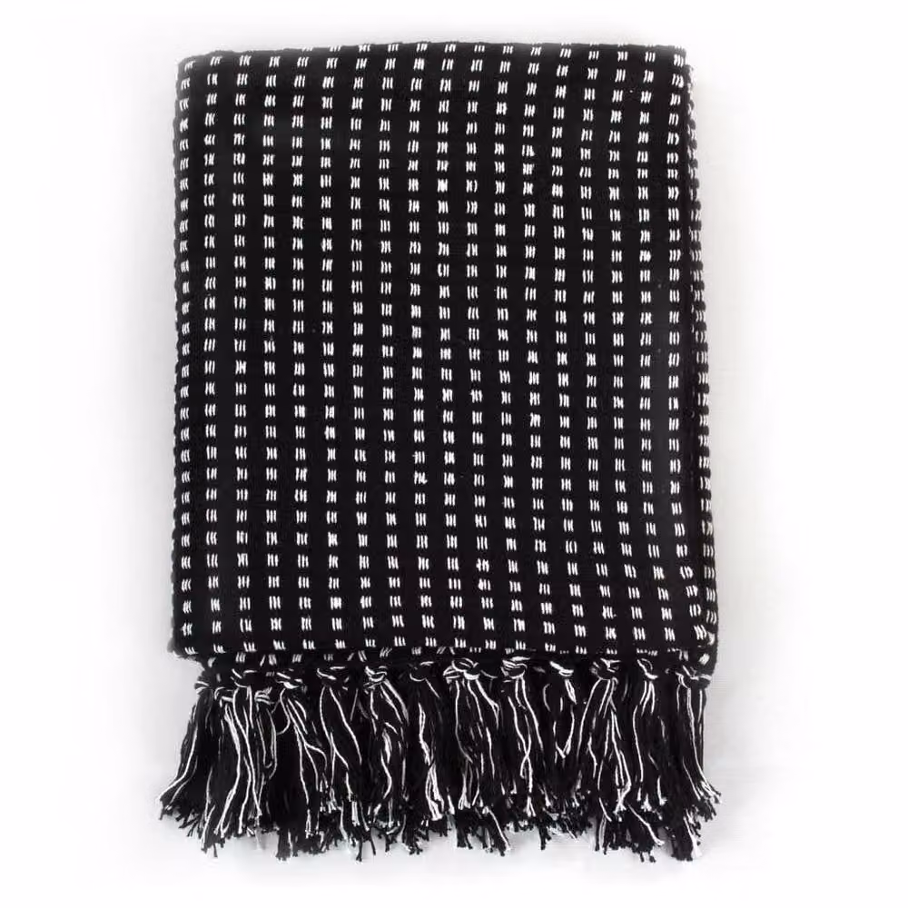 Berkfield Home Cotton Throw with Fringes, Black, W: 160 cm, D: 210 cm – 2