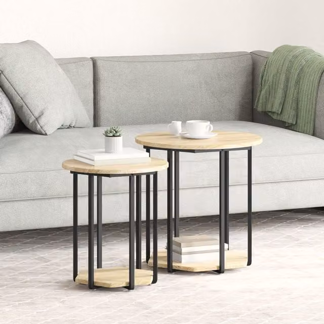 Berkfield Home Set of 2 Round Nested Side Tables in Beige Sonoma Oak and Metal – 1