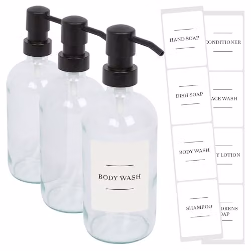 Harbour Housewares Pack of 3 Clear Glass Refillable Soap Dispensers with Black Pumps and White Labels, 500ml – 1