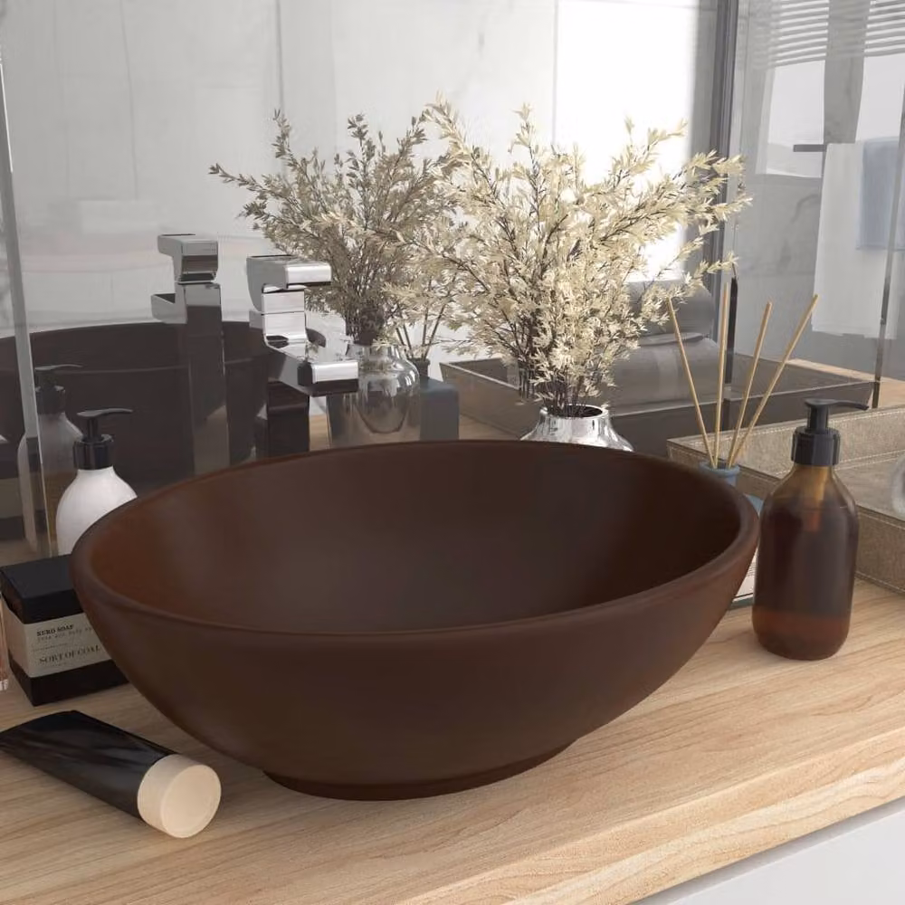 Berkfield Home Luxury Oval Ceramic Basin in Matt Dark Brown, W: 40 cm, D: 33 cm – 2