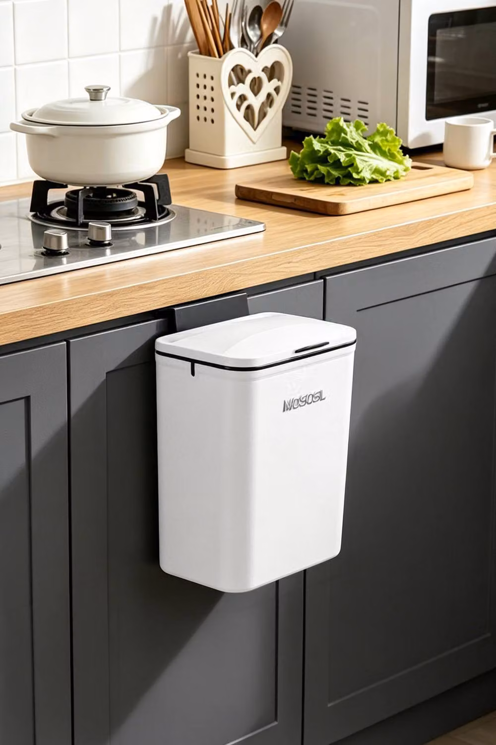 Living and Home 9L Wall Mounted Hanging Rubbish Bin with Flip Lid in Beige – 4