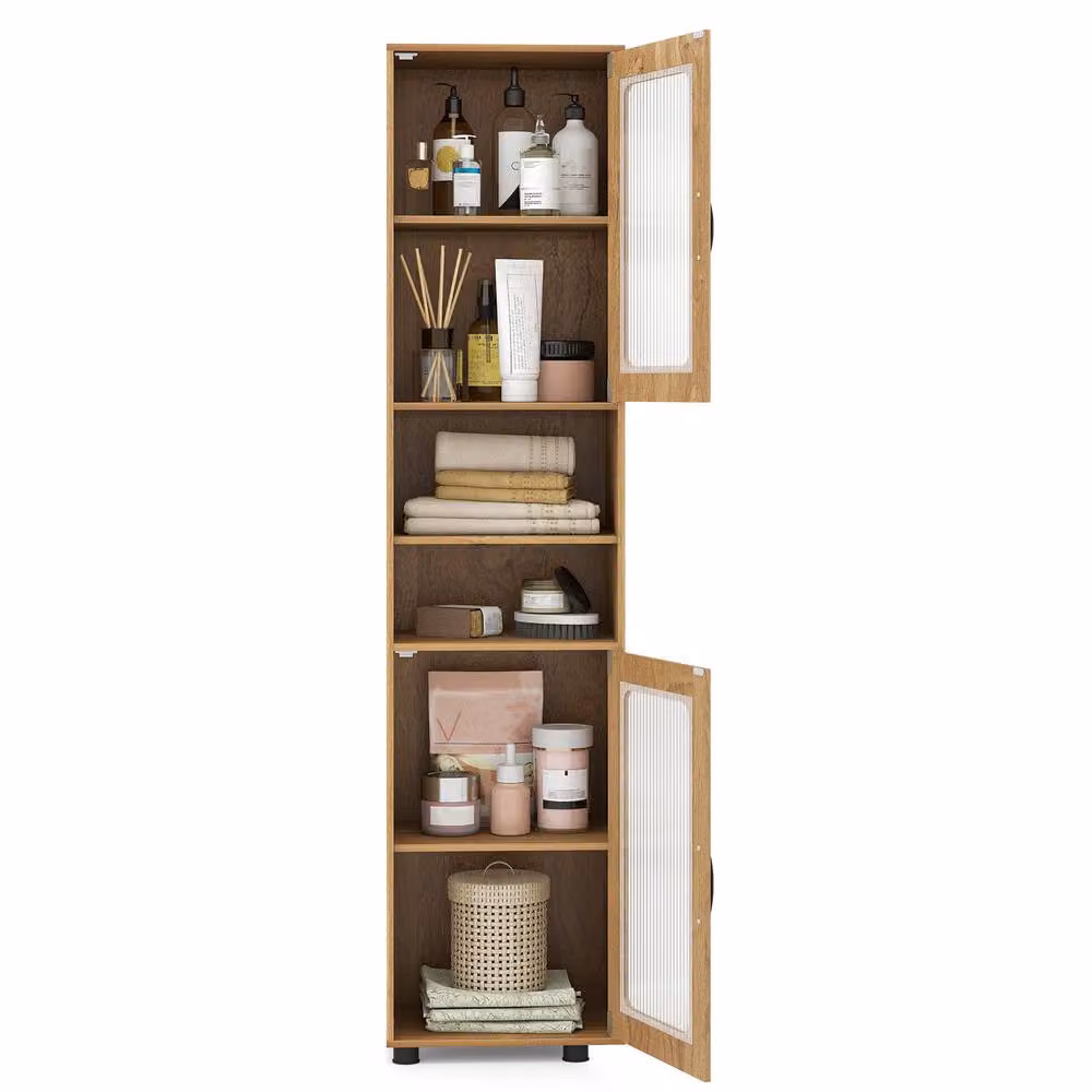 Gymax Modern Freestanding Tall Bathroom Storage Cabinet with Glass Doors and Internal Shelves in Brown Wood Finish – 7