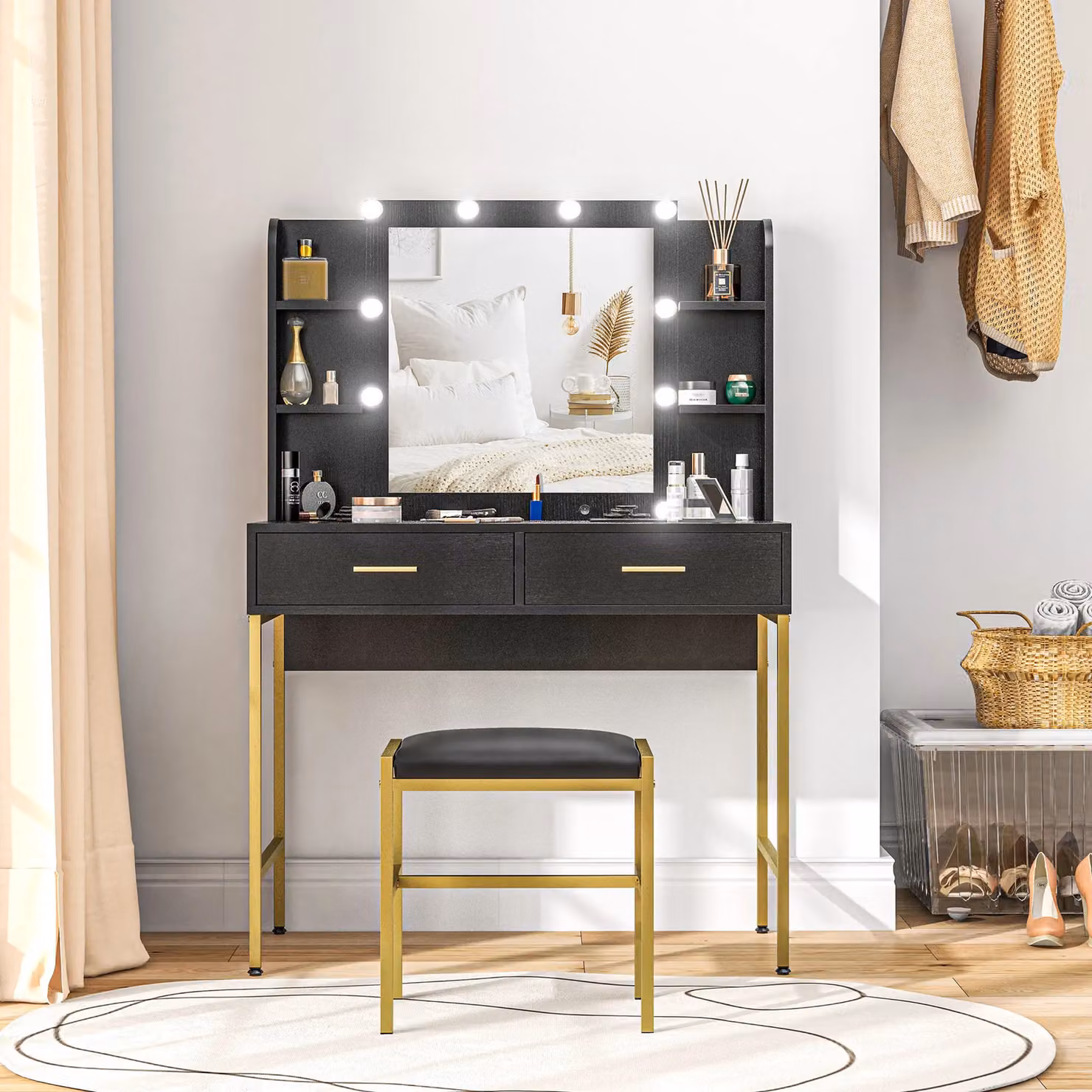 HOMCOM Makeup Vanity Desk Set with Hollywood LED Lighted Mirror, Stool and Drawers, Black, H 132.5 x W 90.0 cm – 2