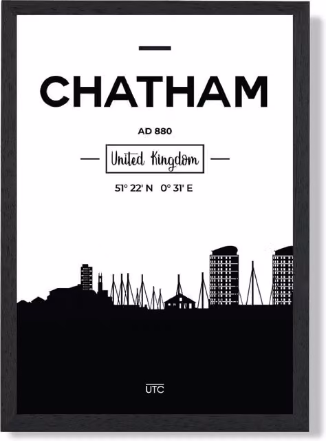 ARTZE Chatham Black and White City Skyline Framed Print, A3, Black Frame – 1