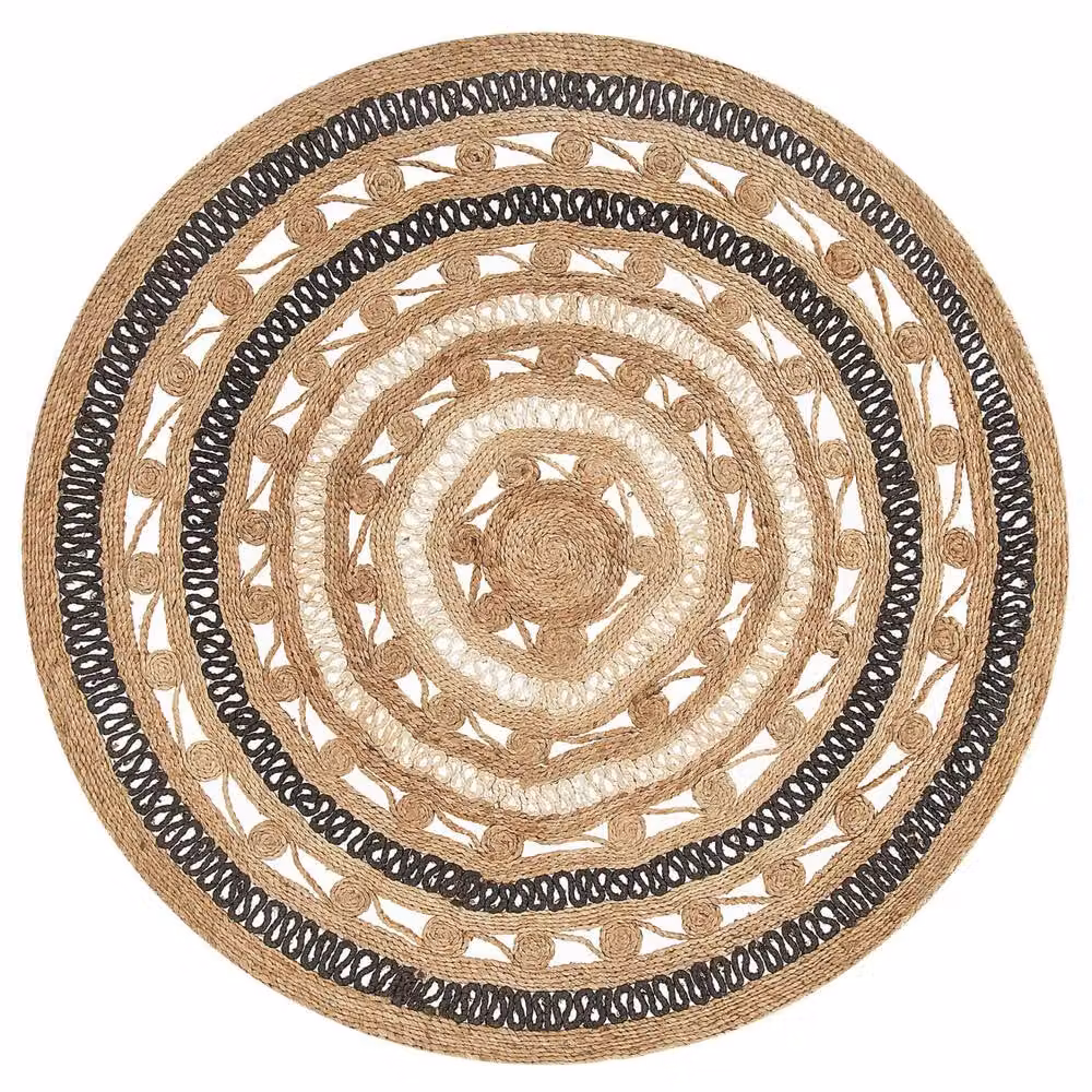 Wyld and Coco Round Braided Jute Rug in Beige and Black, Diameter: 140 cm – 2