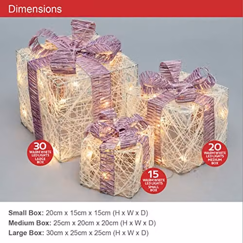 The Christmas Workshop 70839 Set of 3 Light-Up Christmas Boxes with Pink Bow, White, featuring 65 Warm White LED Lights and Timer Functionality – 3