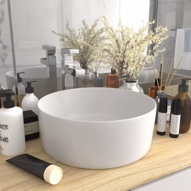 Berkfield Home Luxury Round Ceramic Wash Basin in Matt White, W: 40 cm, D: 15 cm, H: 15 cm – 1