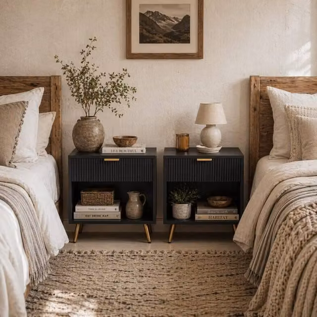 Wyld Haus Sota Set of 2 Black and Gold Ribbed Bedside Tables with Drawer and Shelf