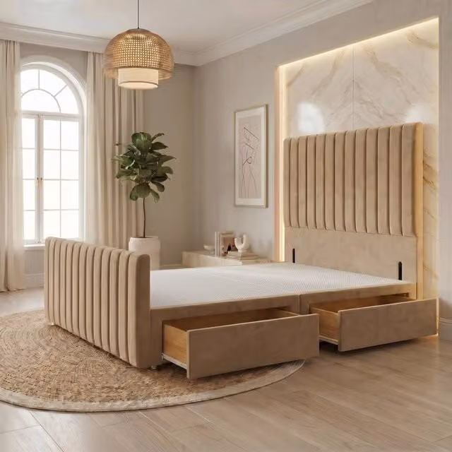 Somnior Eleanor Velvet Divan Base with 2 Drawers, 54 inch Headboard and 22 inch Footboard, Beige, W/D/H: 140 x 200 x 137.16 cm