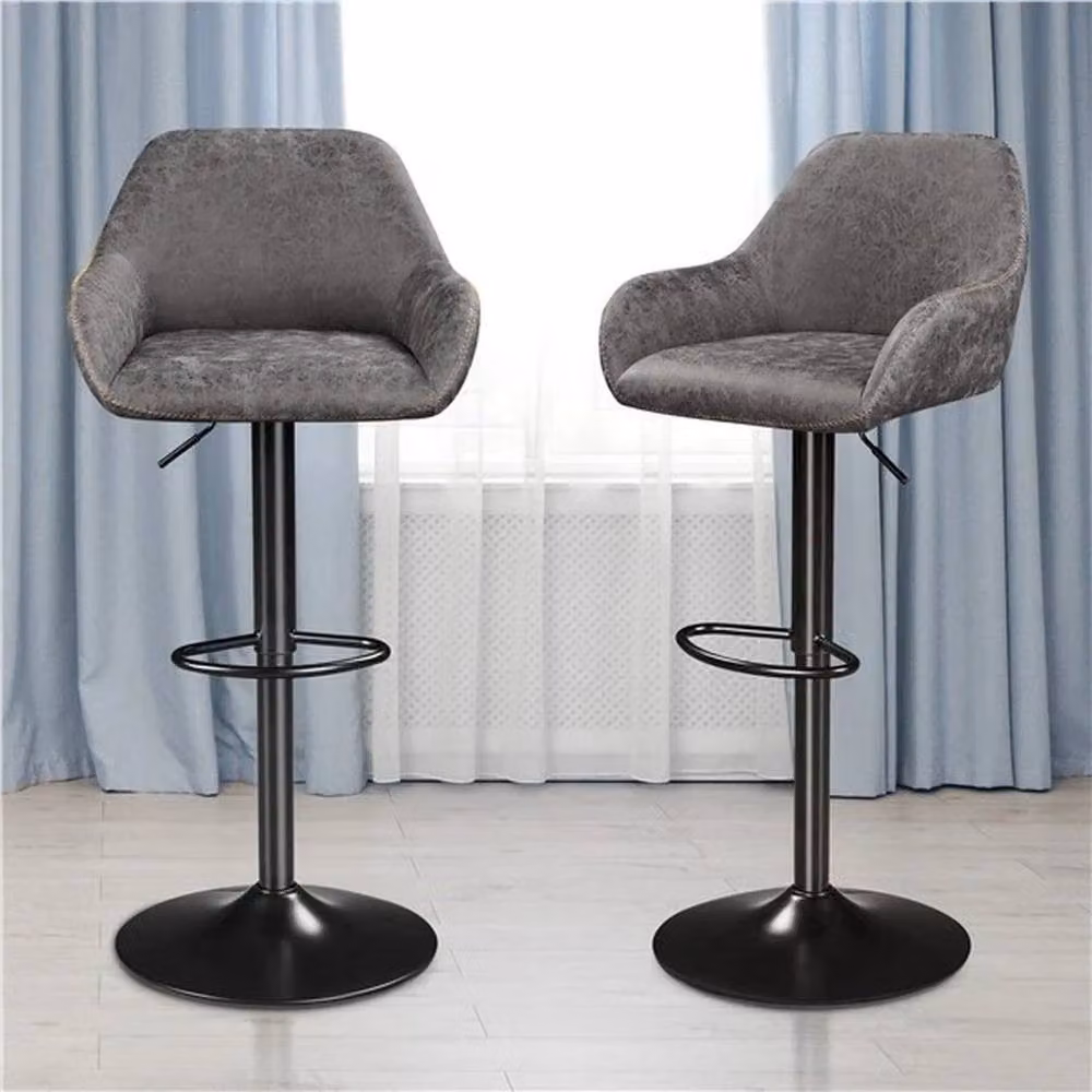 Kelvenix Set of 2 Height Adjustable Modern Bar Stools with Armrests in Grey Synthetic Leather – 3