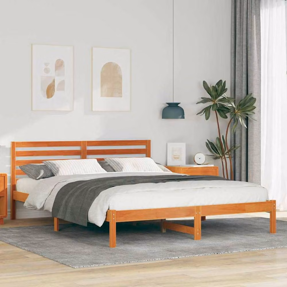 Berkfield Home Solid Pine Wood Bed Frame with Headboard in Wax Brown, W/D/H: 160 x 220 x 80.5 cm – 2