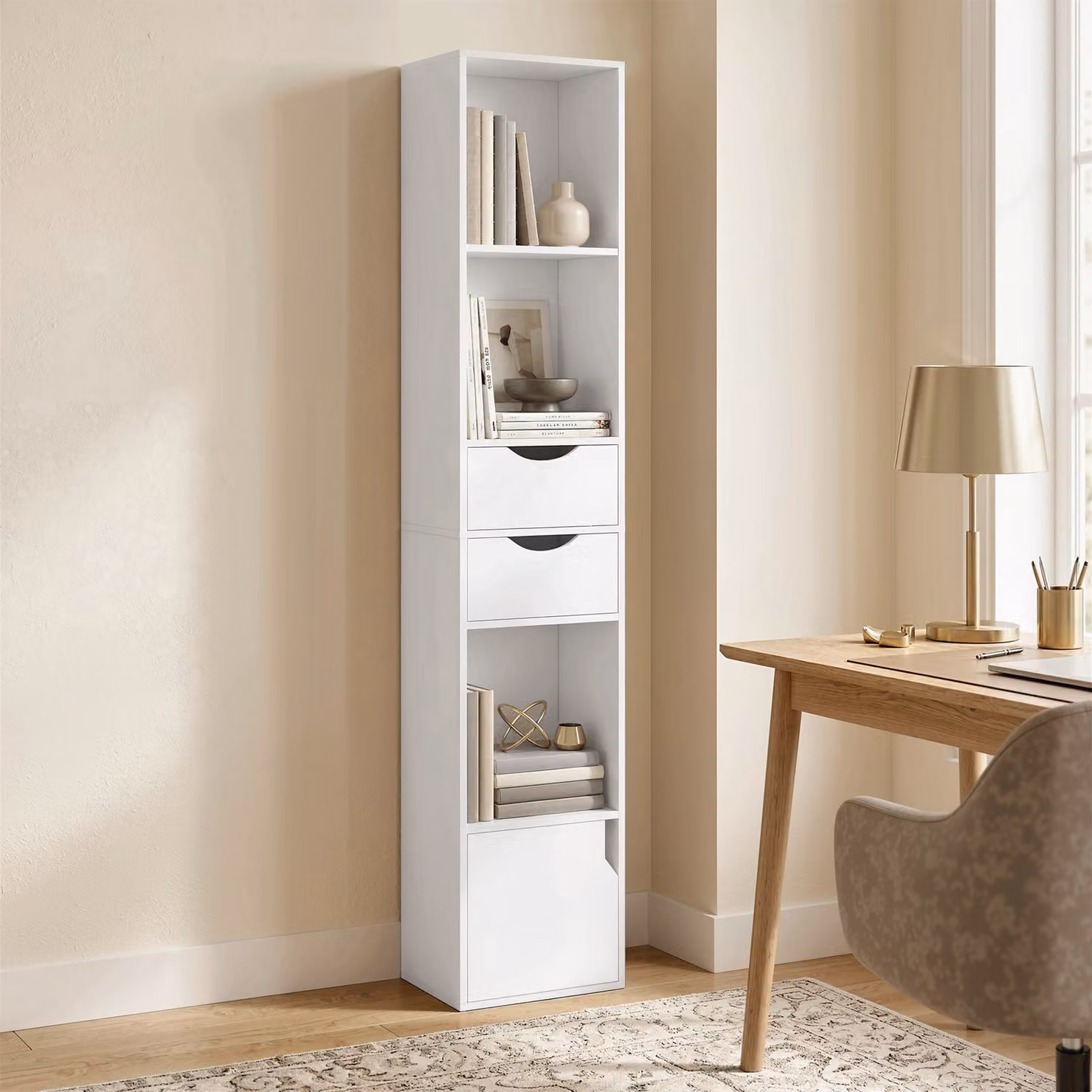 HOMCOM Modern White Wood Bookcase with 2 Drawers, Cabinet and Adjustable Shelves, Height: 158 cm – 2