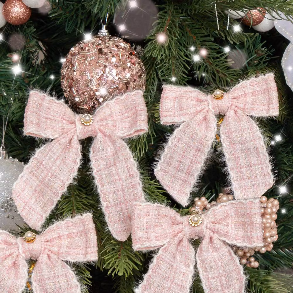 Melody Maison Set of 4 Pink and White Tartan Boucle Jewelled Christmas Bow Hanging Decorations – 4