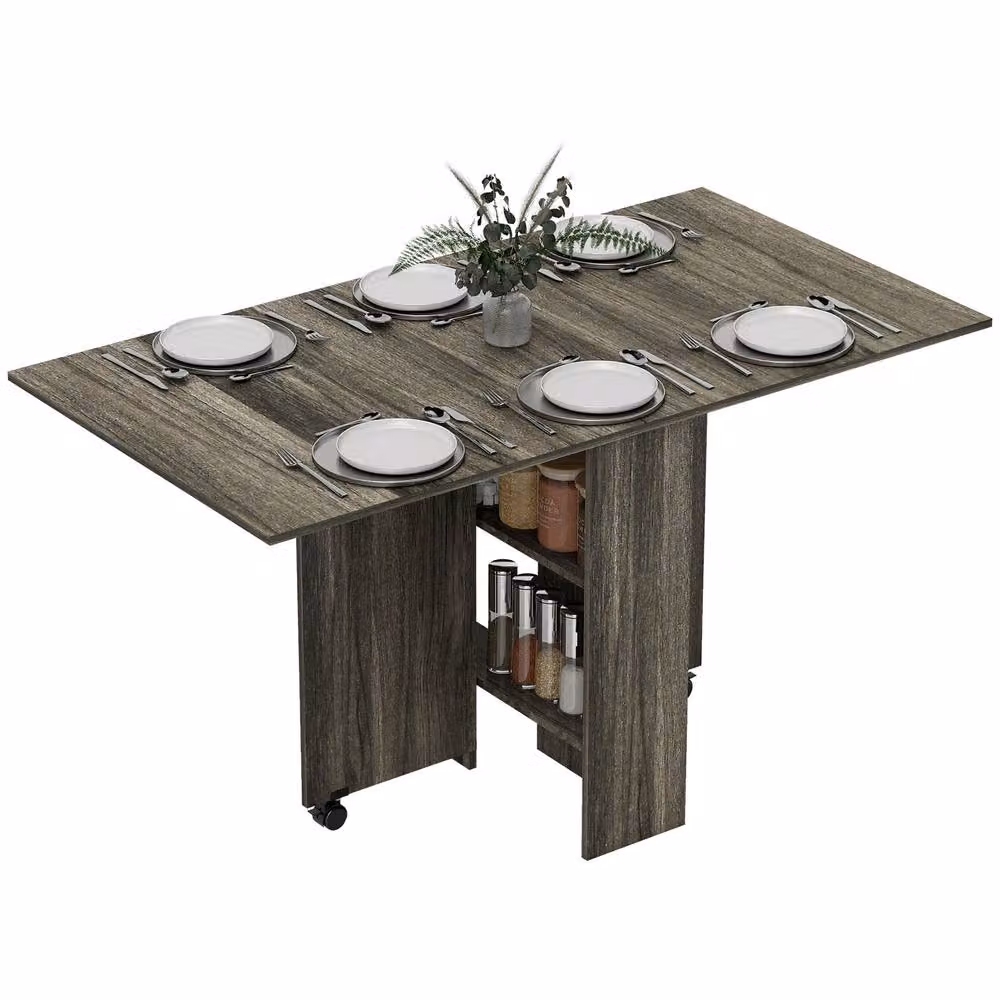 STILVORA Modern Grey Drop Leaf Dining Table with Castors and Storage – 4