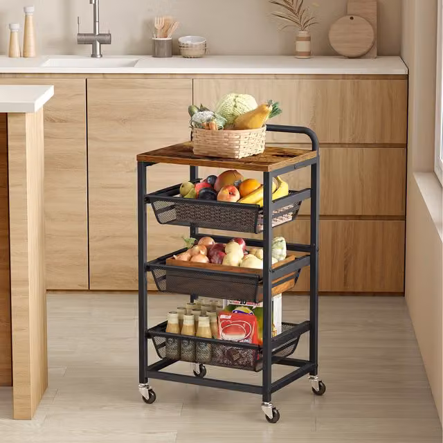 VASAGLE 4-Tier Kitchen Storage Cart with Pull-Out Baskets, Rolling Trolley, Ink Black, W: 40.0 cm, D: 31.7 cm, H: 76.0 cm