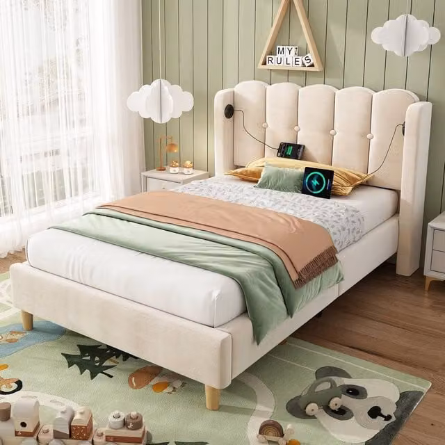 Rolipo Beige Velvet Single Bed Frame with USB Charging Port, W: 90 cm x D: 190 cm – 1
