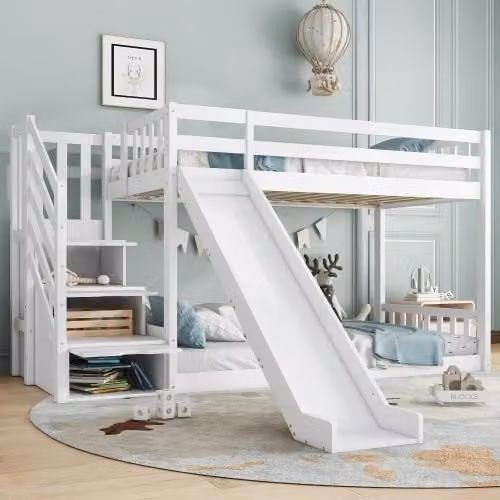 Matteo Double Bunk Bed with Stairs, Slide and 2 Drawers, Solid Pine Wood Frame, White – 1