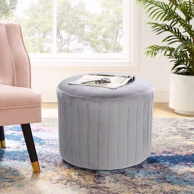 ExtraStar Round Grey Velvet Channel-Tufted Pouffe Ottoman Footstool