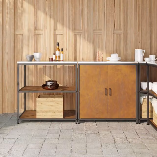 Berkfield Home 2-Piece Modern Freestanding Metal Storage Set with Hinged Doors and Open Shelves in Brown Rusty Weathering Steel – 1