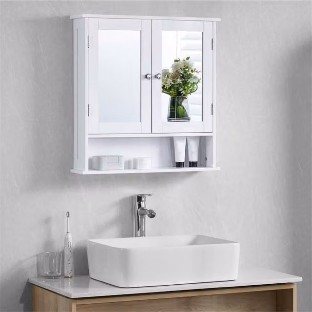 FORGEVIO White Modern Wall-Mounted Bathroom Cabinet with Two Mirrored Hinged Glass Doors and Internal Shelves – 1