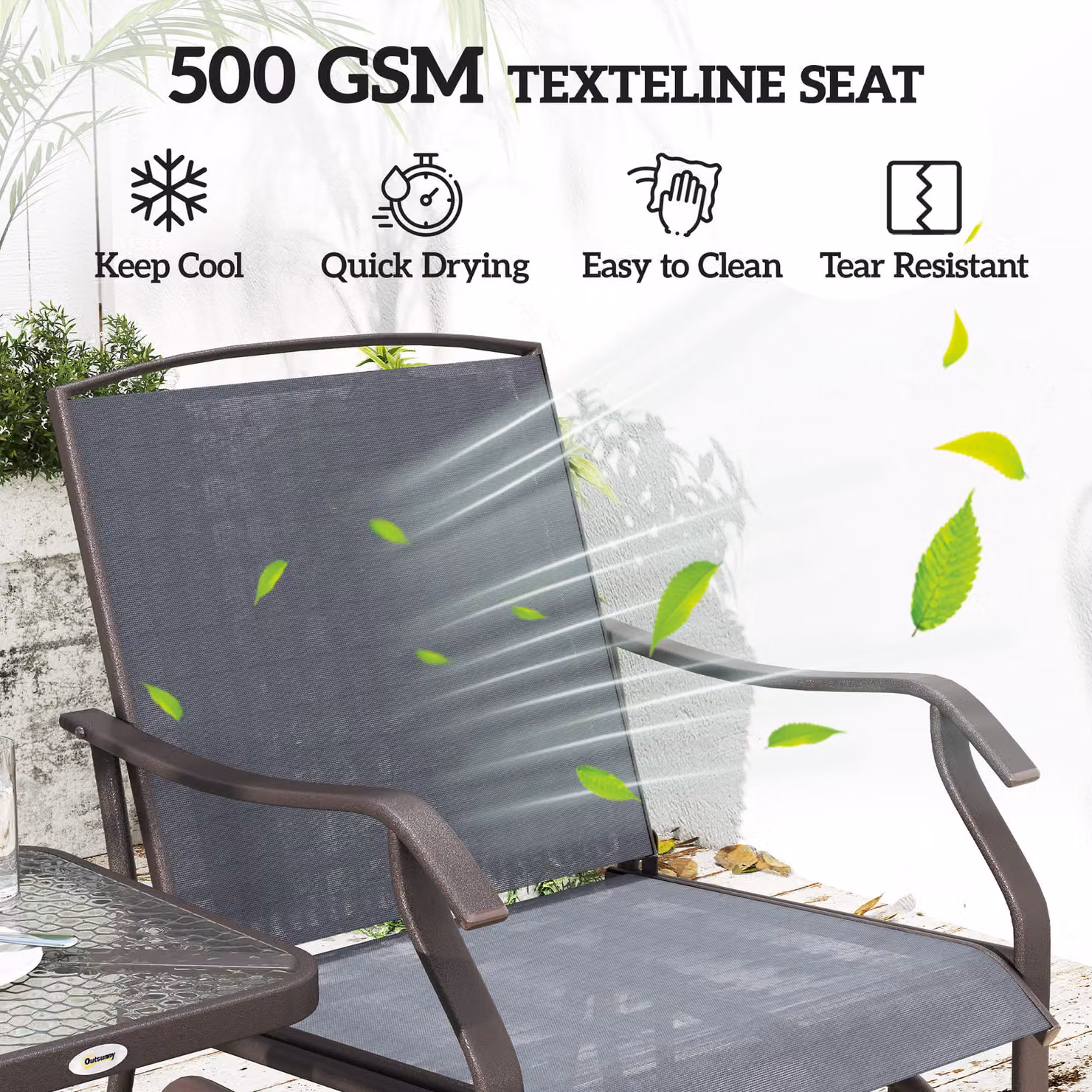 Outsunny Grey Glider Rocking Chair and Square Glass Table Bistro Set for Garden, Terrace or Balcony – 4