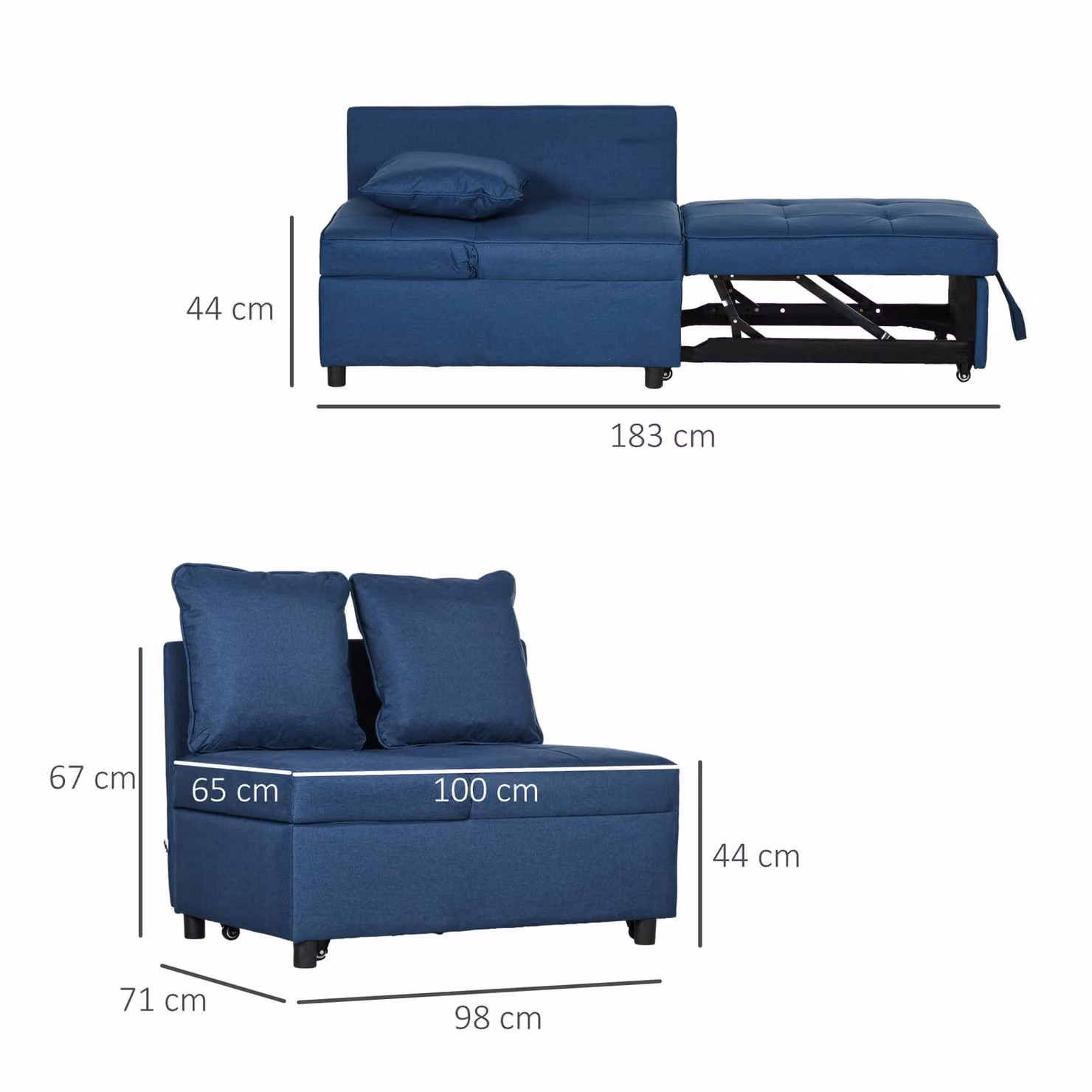 HOMCOM 3-in-1 Single Sofa Bed in Blue with 5-Position Adjustable Back and Removable Washable Pillow – 3