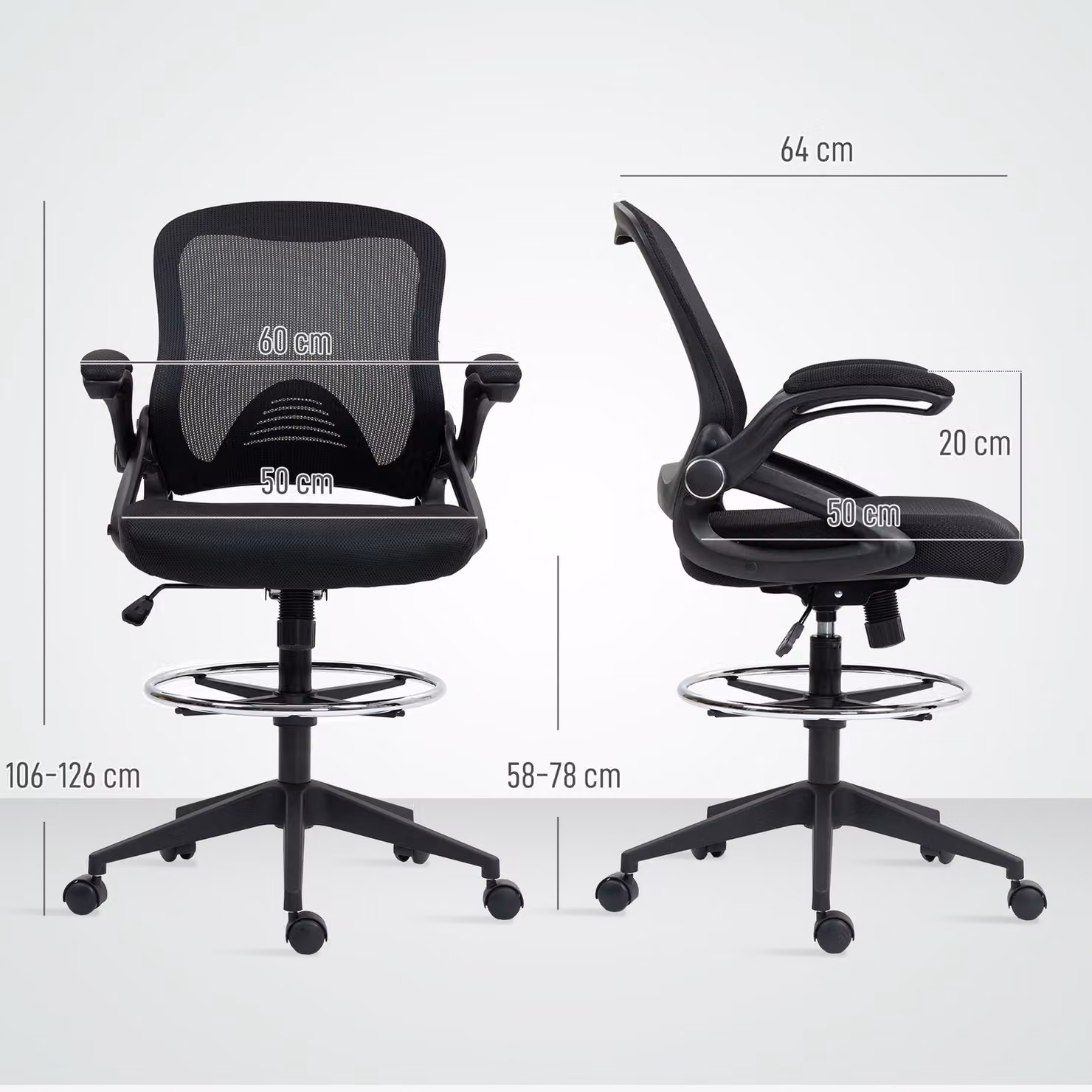Vinsetto Black Mesh Drafting Chair with Flip-up Armrests, 360 Degree Swivel and Foot Ring for Home Office and Standing Desks – 3