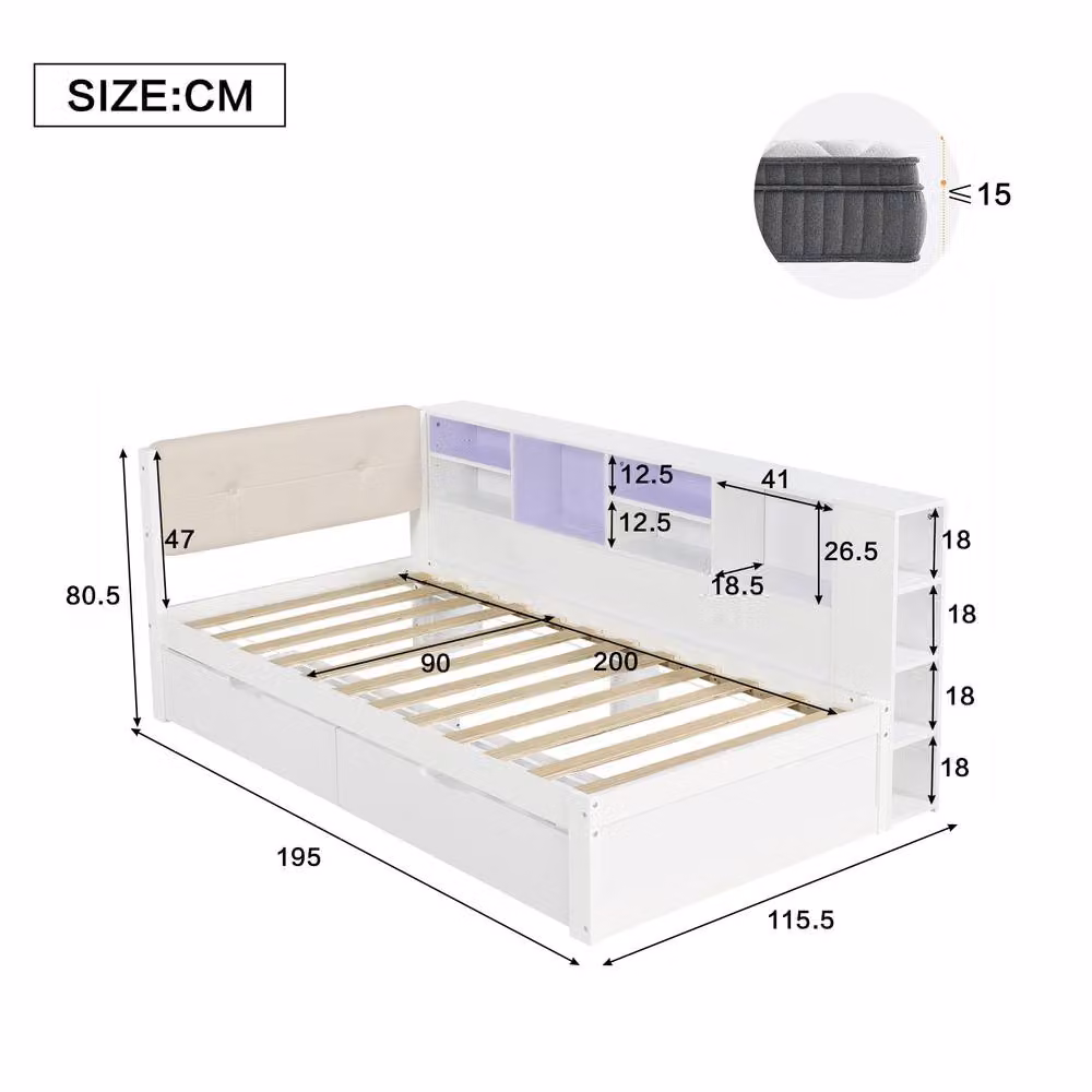 Merax White Single Storage Bed with LED Lighting, USB Charging Ports and Drawers, W/D/H: 90 x 190 x 80.5 cm – 2