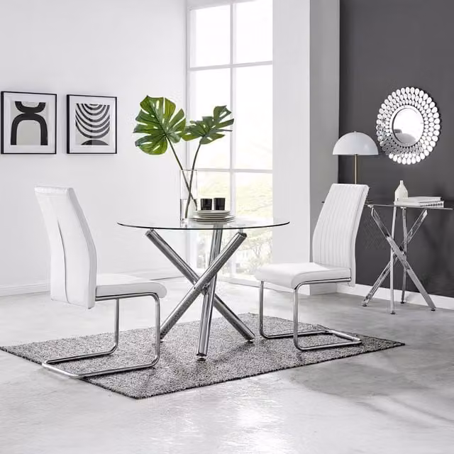 FurnitureboxUK Selina Round Glass and Chrome Dining Table and Lorenzo Chairs Set in White – 1