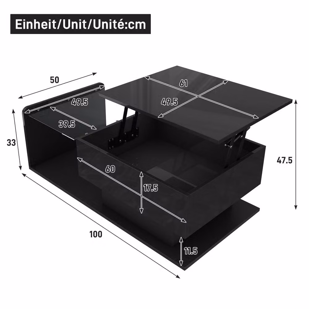 STILVORA Modern Black Rectangular Coffee Table with Lift-Top and Glass Top – 3