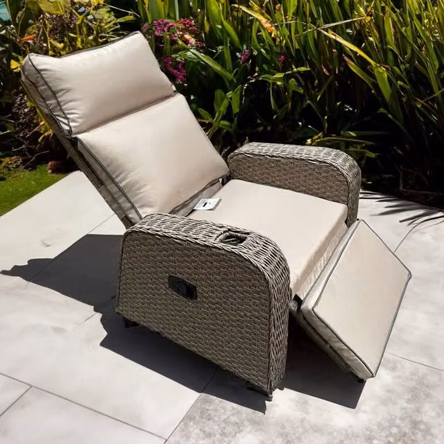UK Leisure World Madrid Rattan Sun Lounger with Armrests and Weatherproof Cushions in Grey and Beige