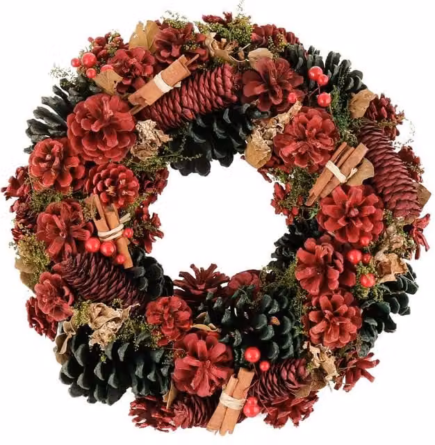 Dibor Red and Green Christmas Wreath with Cinnamon Pine Leaves, Diameter: 36 cm