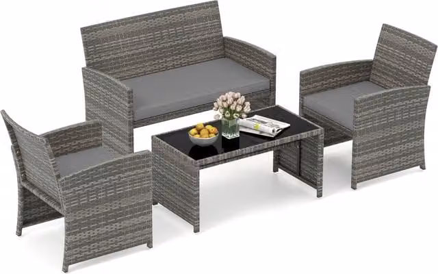 COSTWAY 4 Piece Grey Polyrattan Outdoor Conversation Set with Upholstered Cushions and Coffee Table