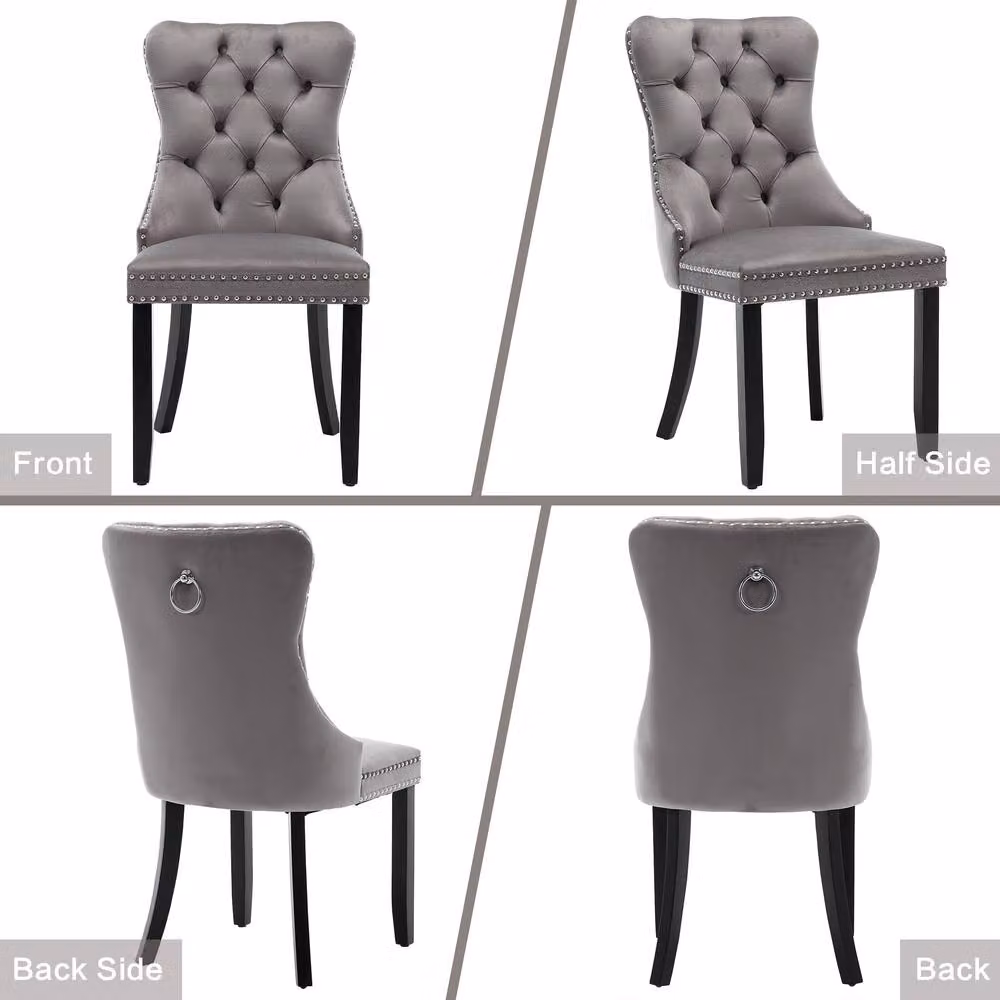 BTM Set of 6 Modern Grey Velvet Dining Chairs with Rubberwood Legs – 3