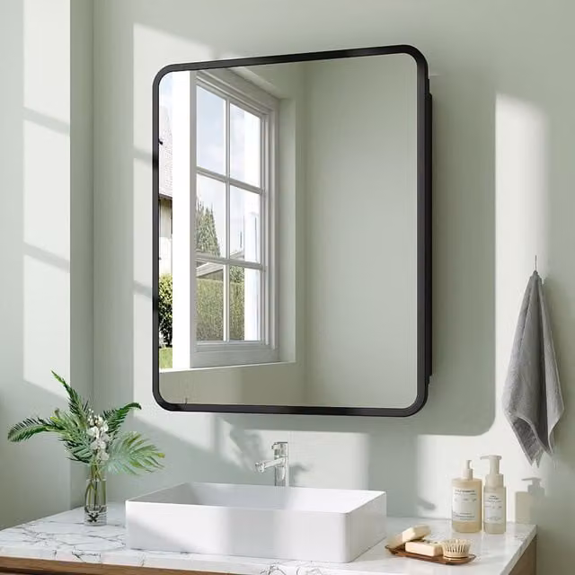 Livingandhome Modern Black Wall Mounted Bathroom Storage Mirror Cabinet with Glass Doors and Internal Shelves