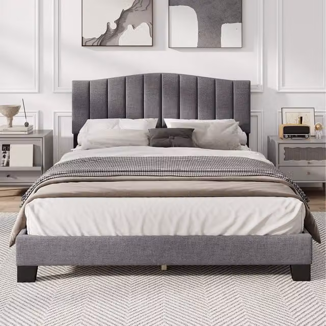 COSTWAY Modern Upholstered Slat Support Bedstead in Grey